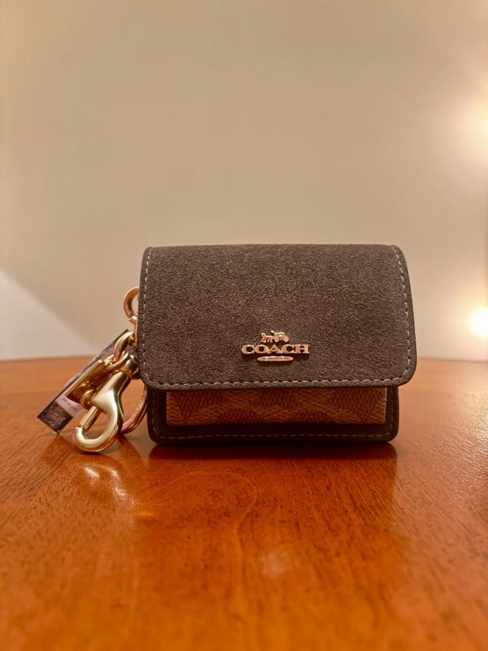 Coach Klare Bag Charm Green Suede With Tan Signature Canvas Brass Hardware  NWT